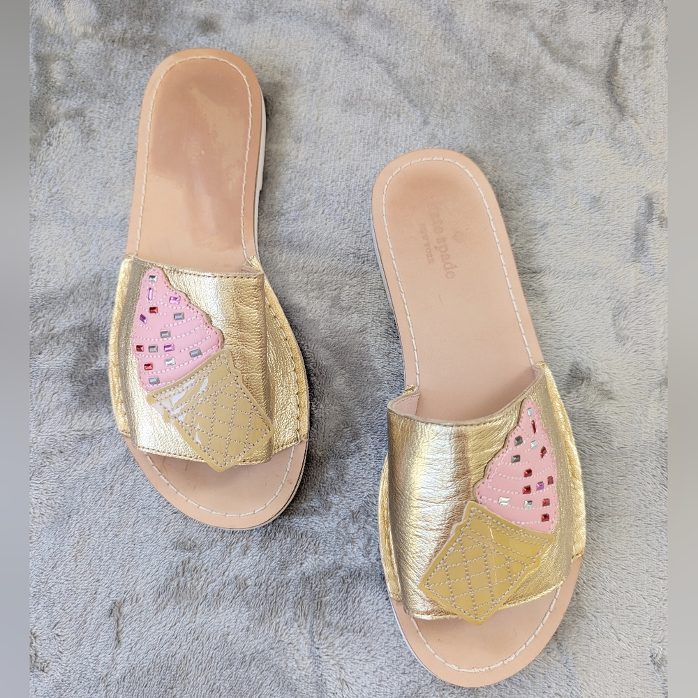 Kate Spade Ice Cream‎ Metallic Gold Leather Slides 7 Novelty Summer